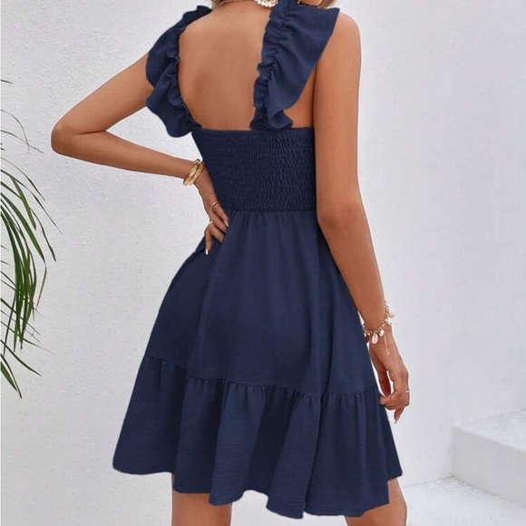 SHEIN Navy Blue Flutter Sleeve Tiered Ruffle Mini Dress Women’s Size Small - Picture 2 of 8